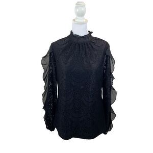 New With Tags BY Design brand Merideth Smocked Neck Black Lace‎ Blouse Medium